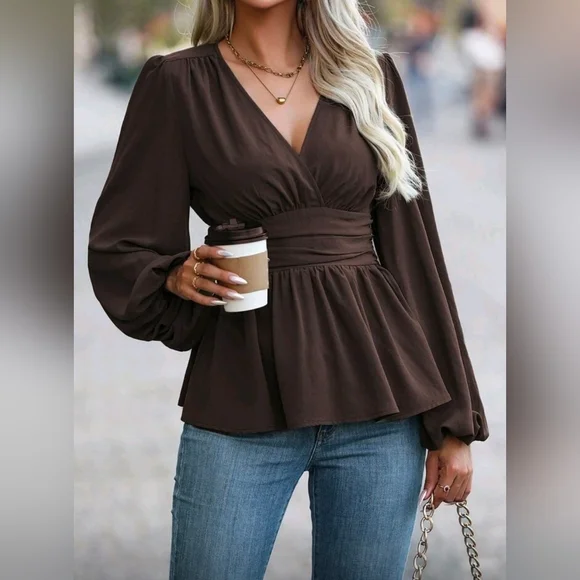 NEW Chic Ruched Waist Lantern Sleeve Peplum Top Blouse Dark Brown - Picture 3 of 8